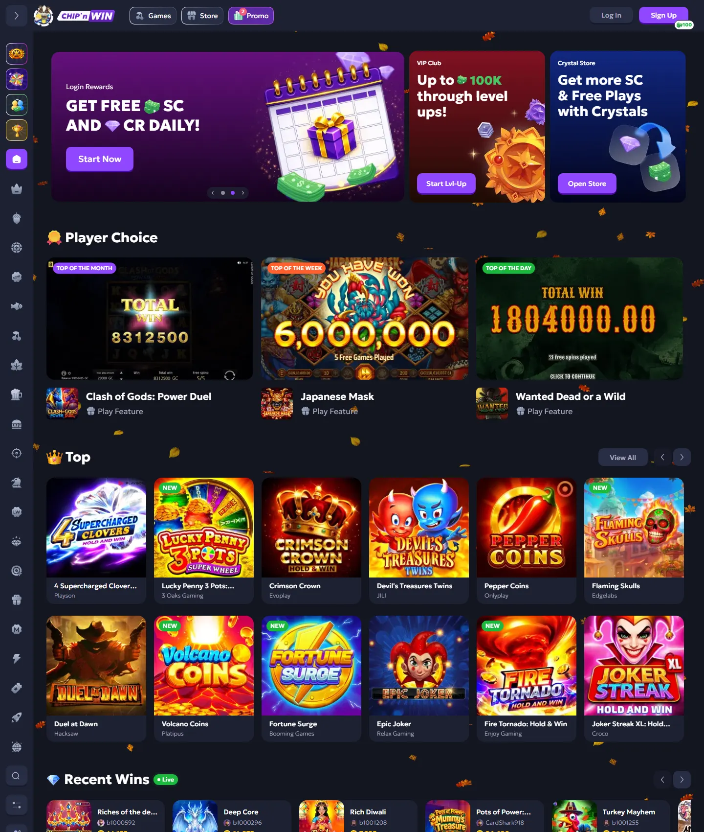 Screenshot of the Chip'N Win website